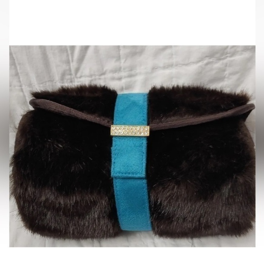 STEPHANIE JOHNSON Brown Faux Mink Fur Jewelry/ Makeup Clutch Travel Bag